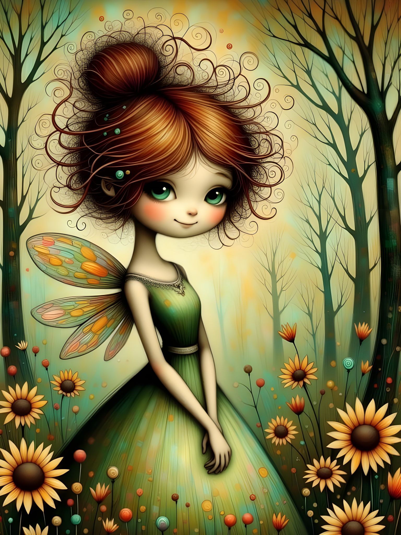 Whimsical Fairy in Magical Forest with Glowing Orbs