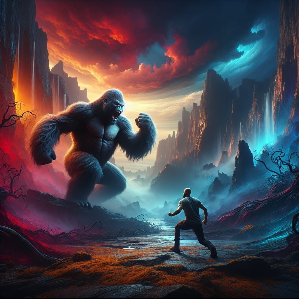 Cinematic Gorilla Confrontation in Fantastical Landscape
