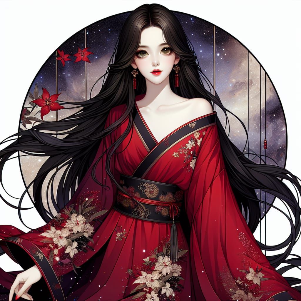 Enchanting Portrait of Red Kimono Woman in Cosmic Atmosphere