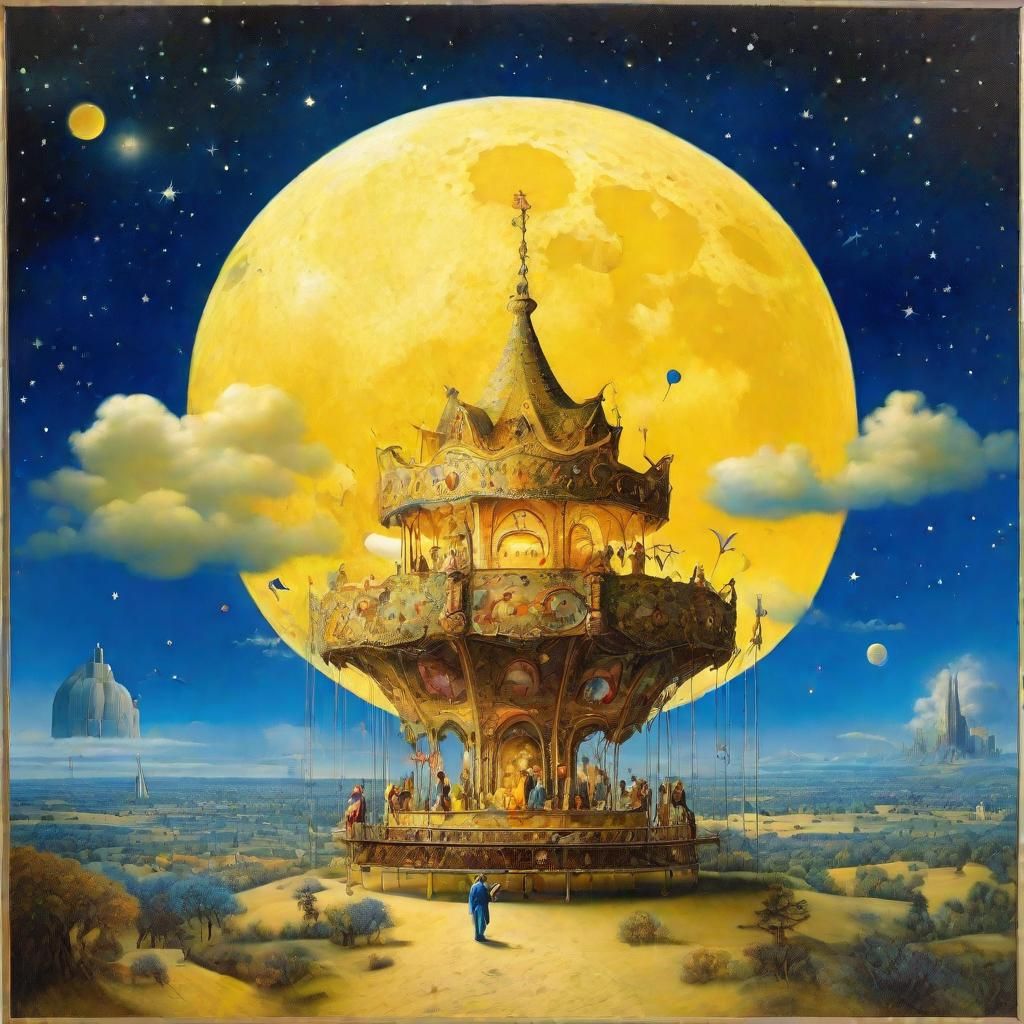 Yellow Dreamscape Moonlit Carousel in a Surrealist Painting