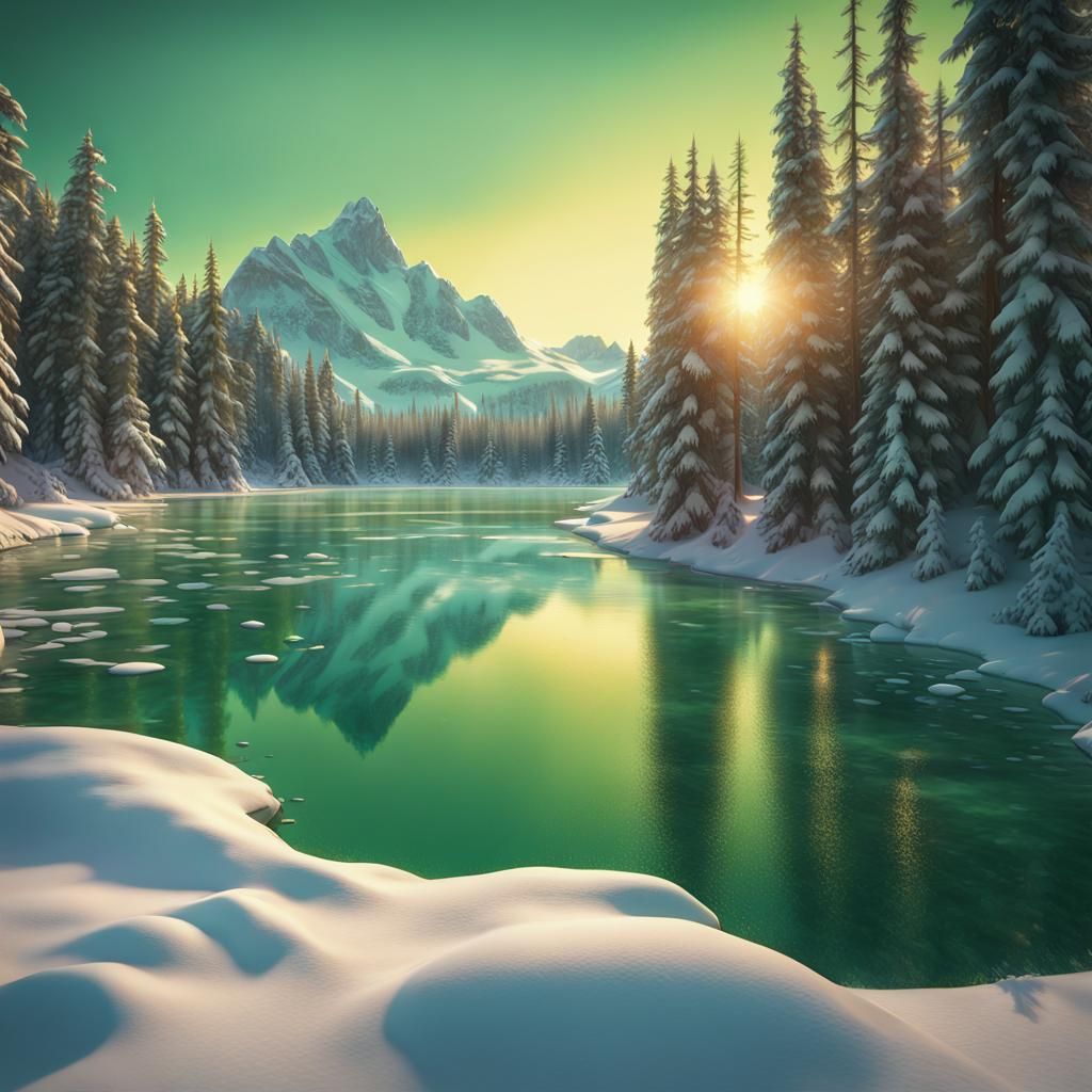 Frozen Winter Wonderland Scene in Vibrant Sunset Hues