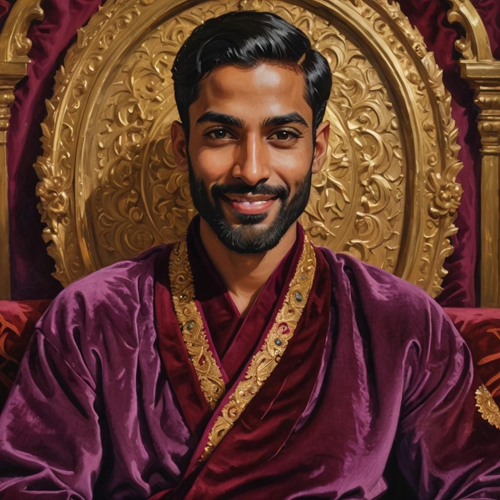 Prince Lakshmidasa in Opulent Velvet Robe Sitting on Golden....
