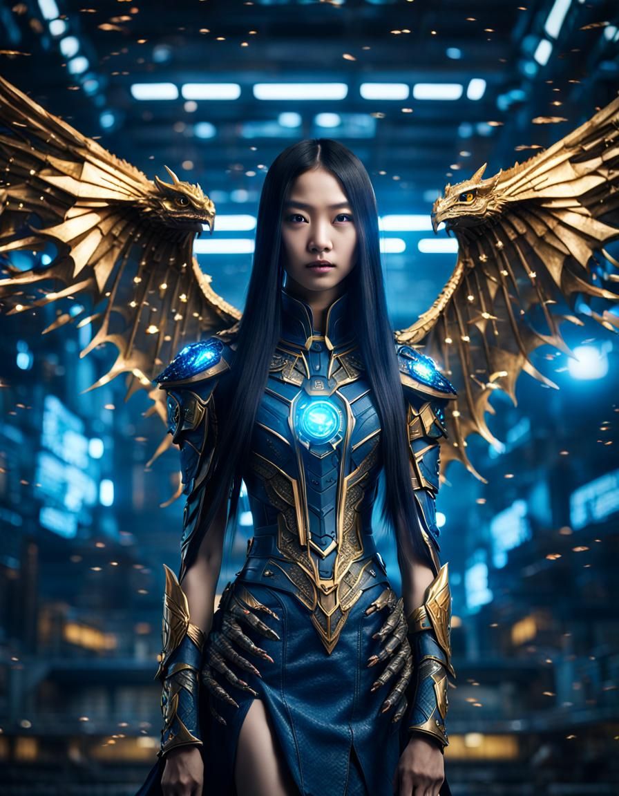 Asian Young Woman in Dark Angel Cyber Fashion