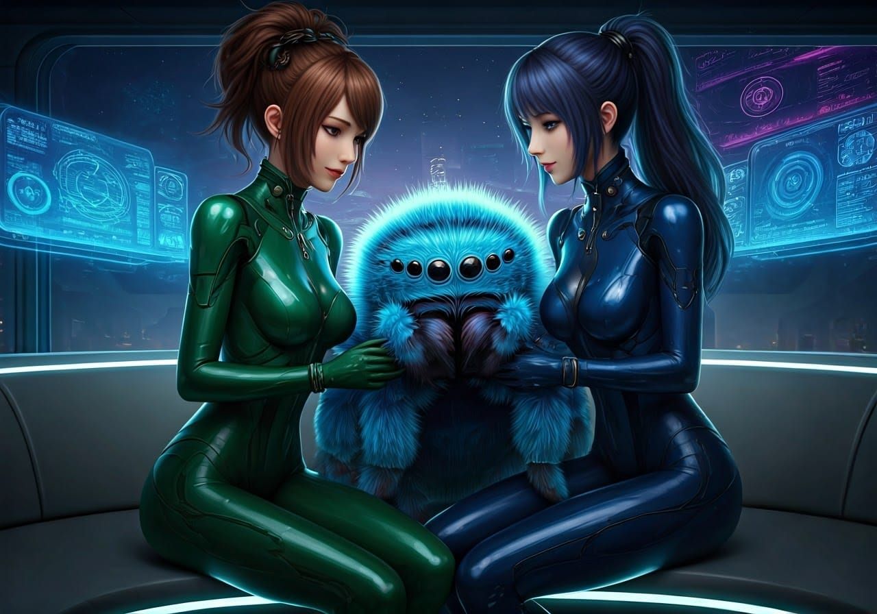 Women Marvel at Adorable Electric Blue Spider in Futuristic ...