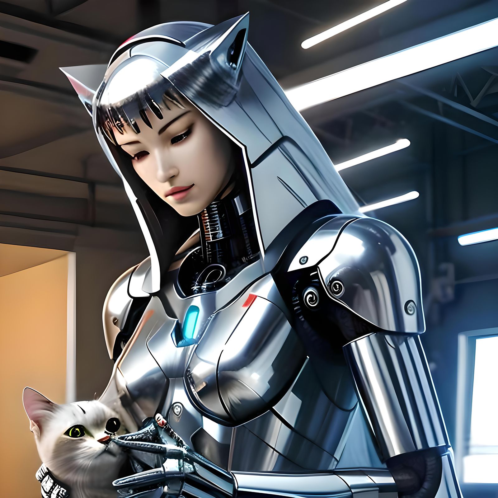 A Chrome Gynoid Cares for a Cybernetic Feline