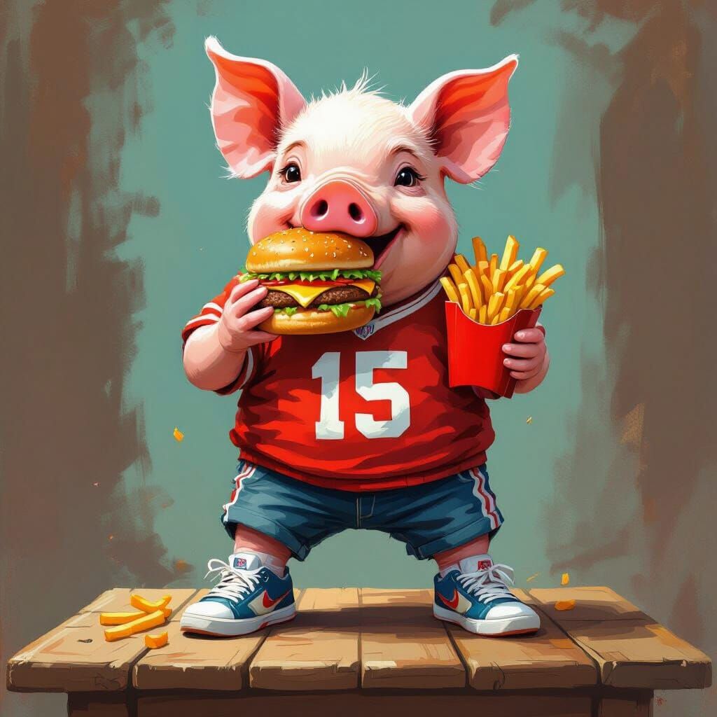 Pig in Sports Gear Eats Burger on Table