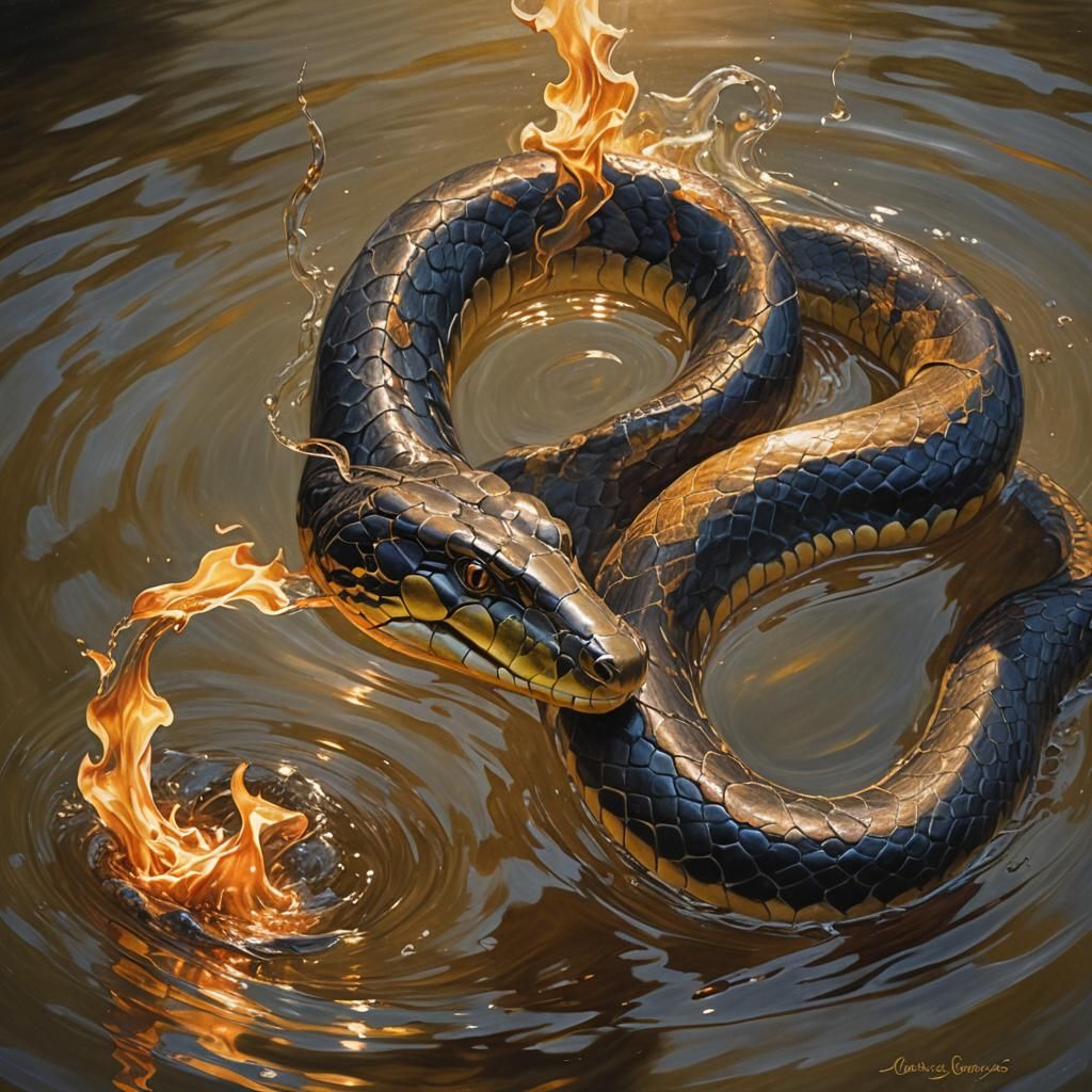 A Realistic Snake in Harmony of Flames and Water, Oil Painti...