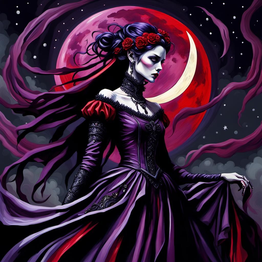 Ethereal Victorian Goth Queen Under Moonlit Sky