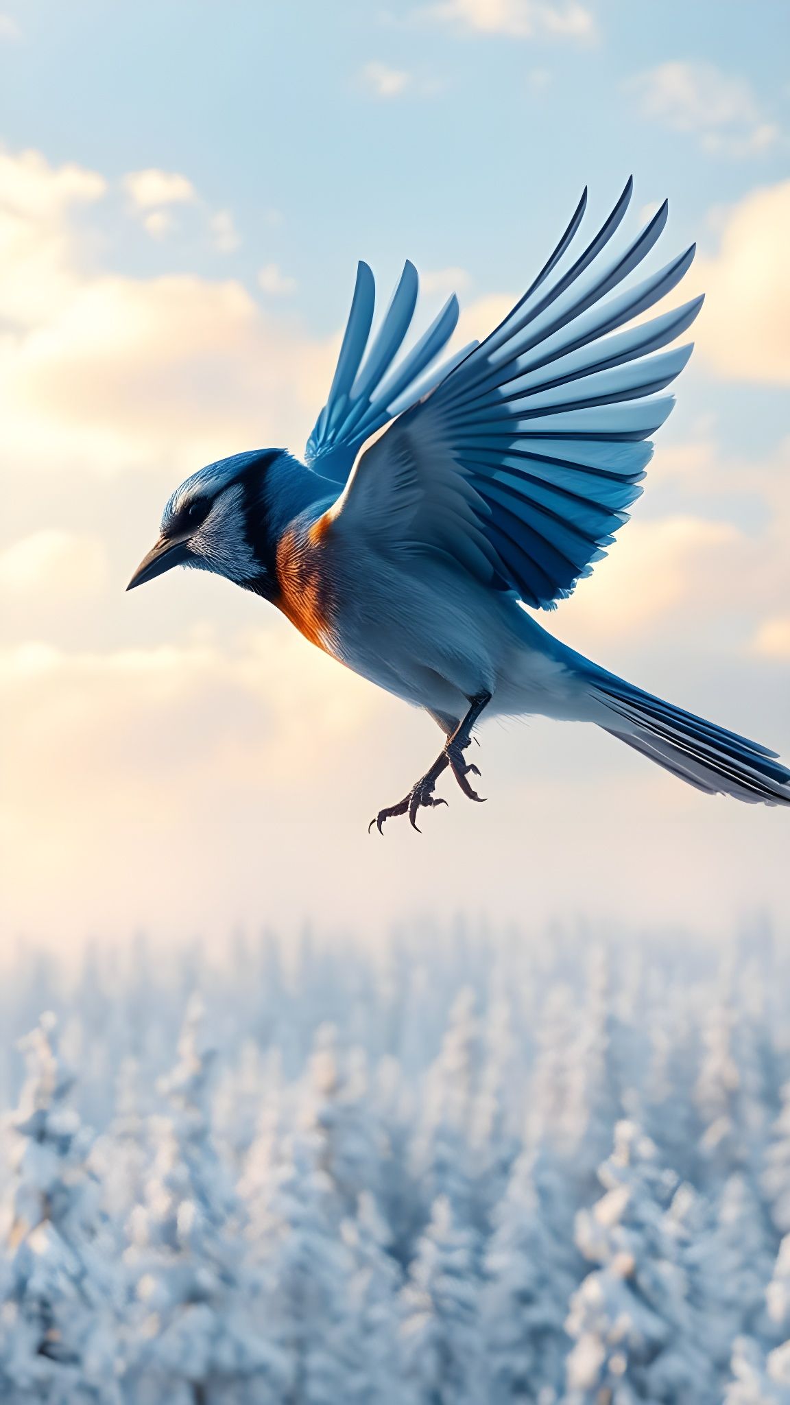 Electric Blue Jay Soars Through Winter Wonderland in Vibrant...