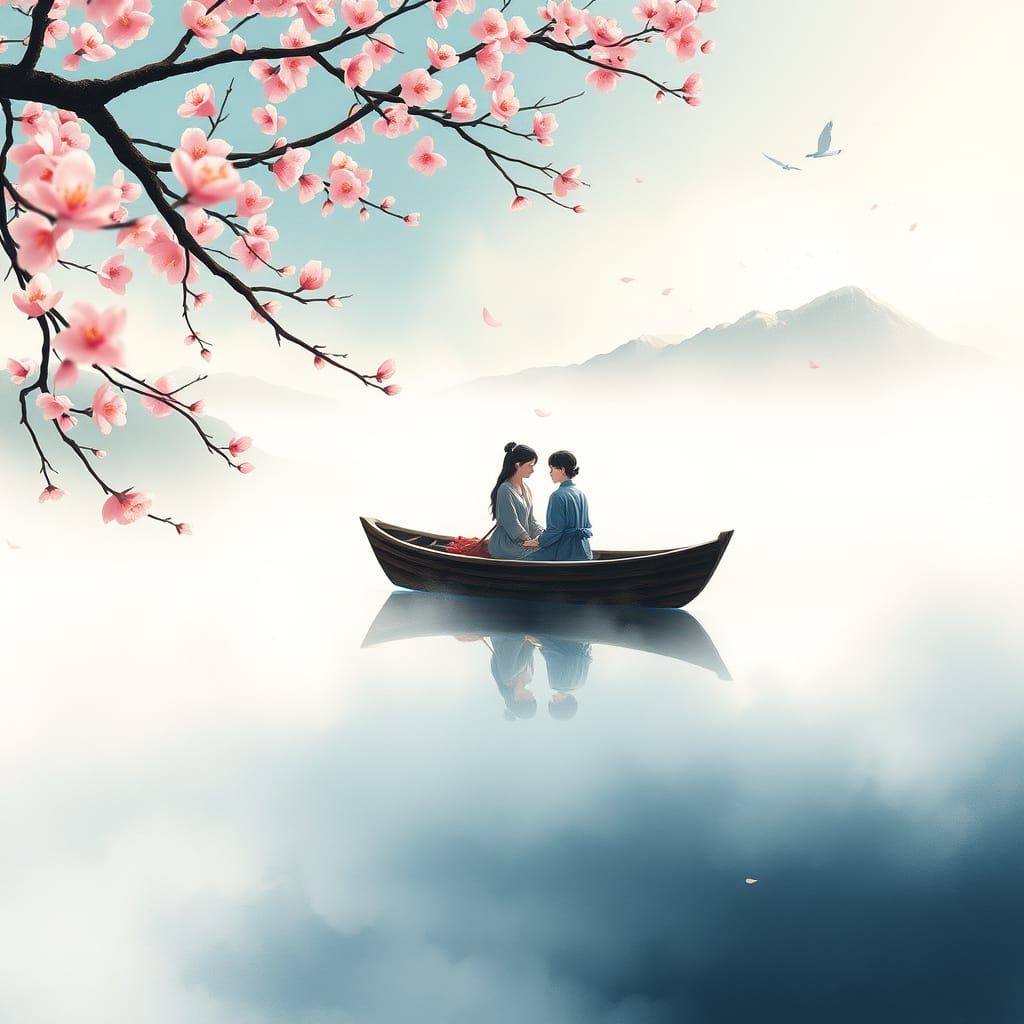 Couple in Love on Misty Lake in Japanese Ink Style