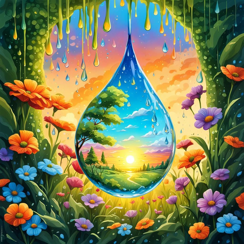 Vibrant Summer Oasis Within a Raindrop