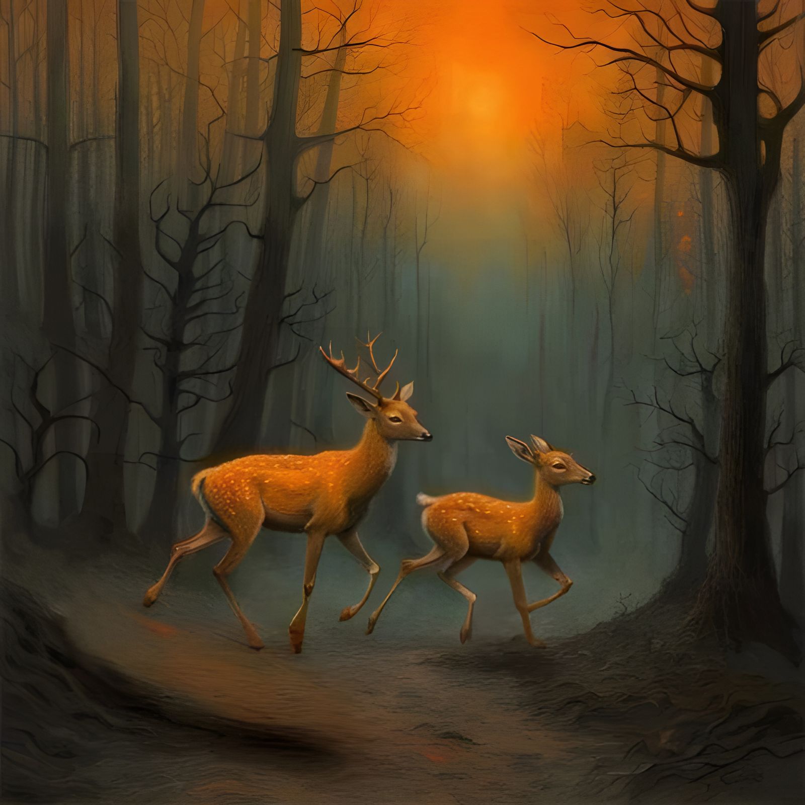 Surreal Forest Inferno Escapes with Fawn and Doe