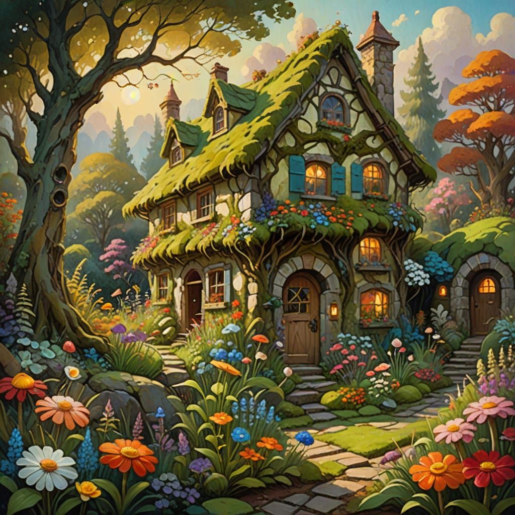 Whimsical Flower Garden by Stone Cottage, Impressionistic Oi...