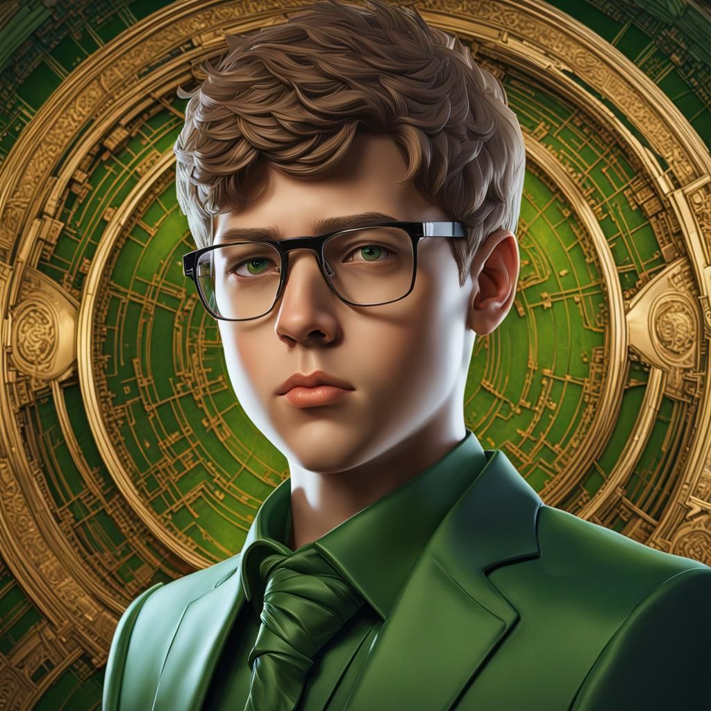 Middle school aged boy with brond hair and green eyes with g...