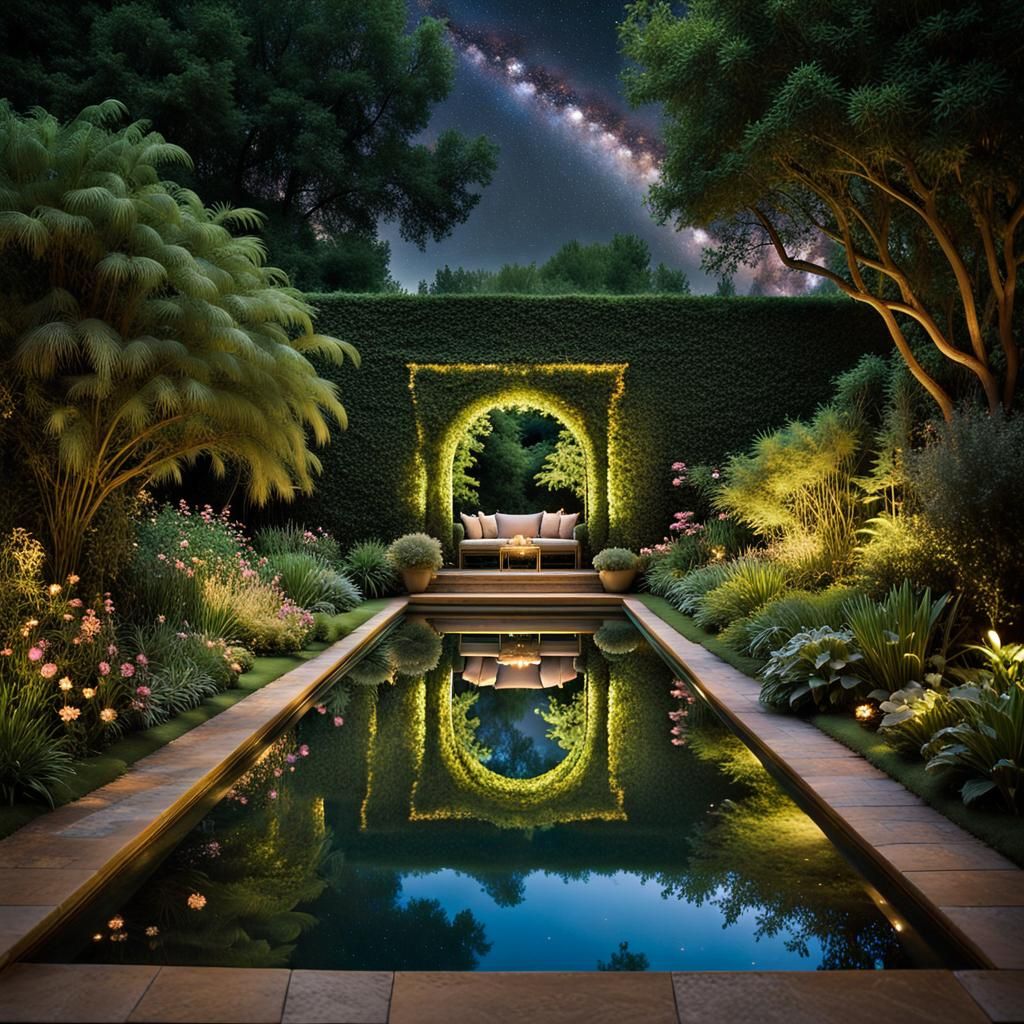 Pool in a tropical garden at night