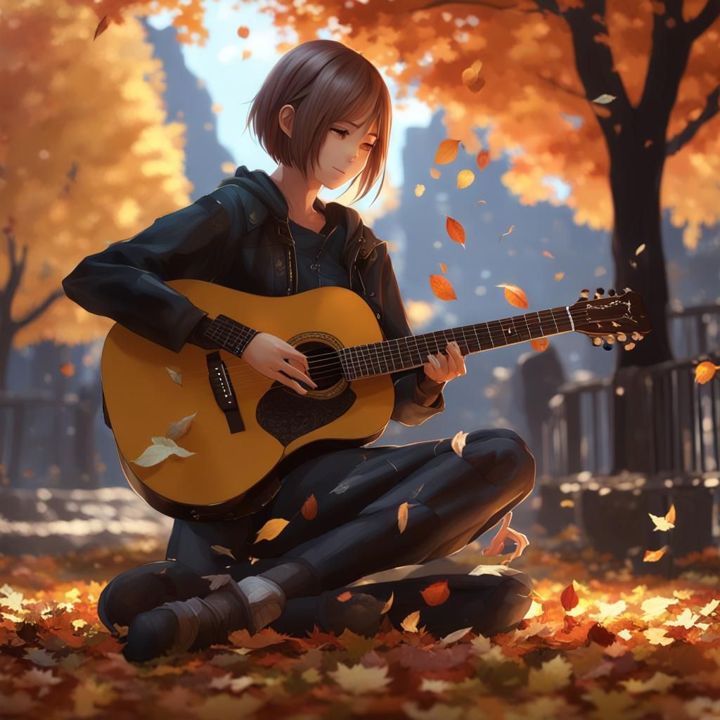 Guitarist in a Vibrant Autumn Night in Anime Style