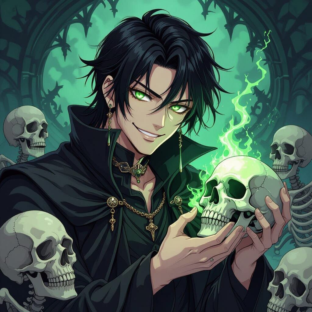 Anime Necromancer with Skeleton Thralls in Dark Fantasy Scen...