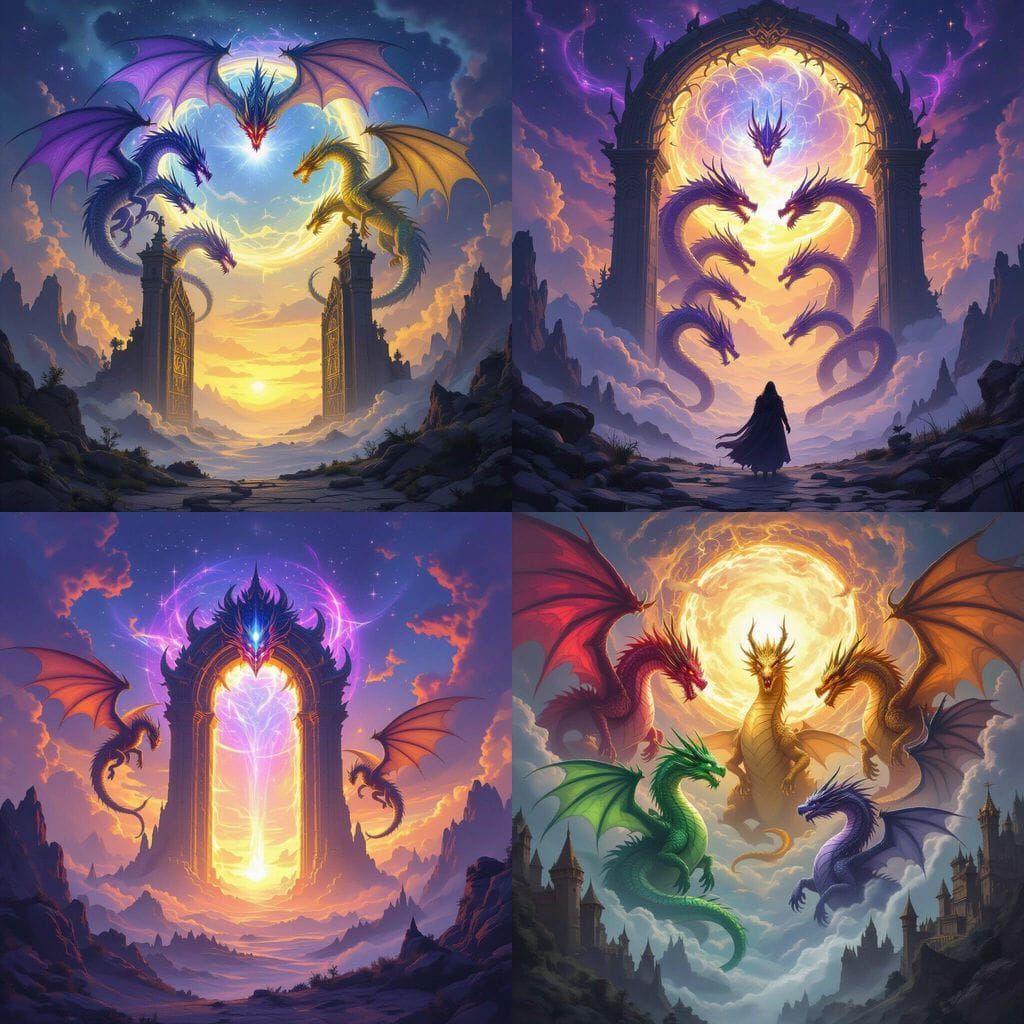 7 Astral Dragons Descend in Ethereal Fantasy Landscape
