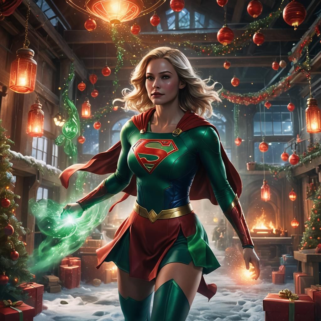 Supergirl in Christmas Factory, Vibrant Fantasy Art in Unrea...