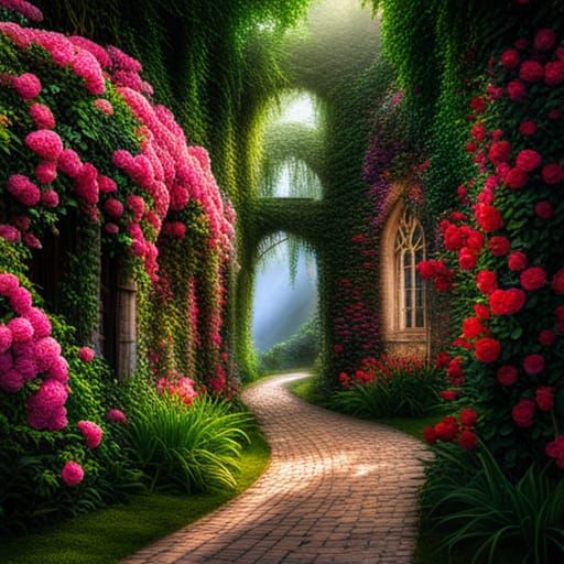 Majestic Castle Oasis with Enchanting Roses in HDR