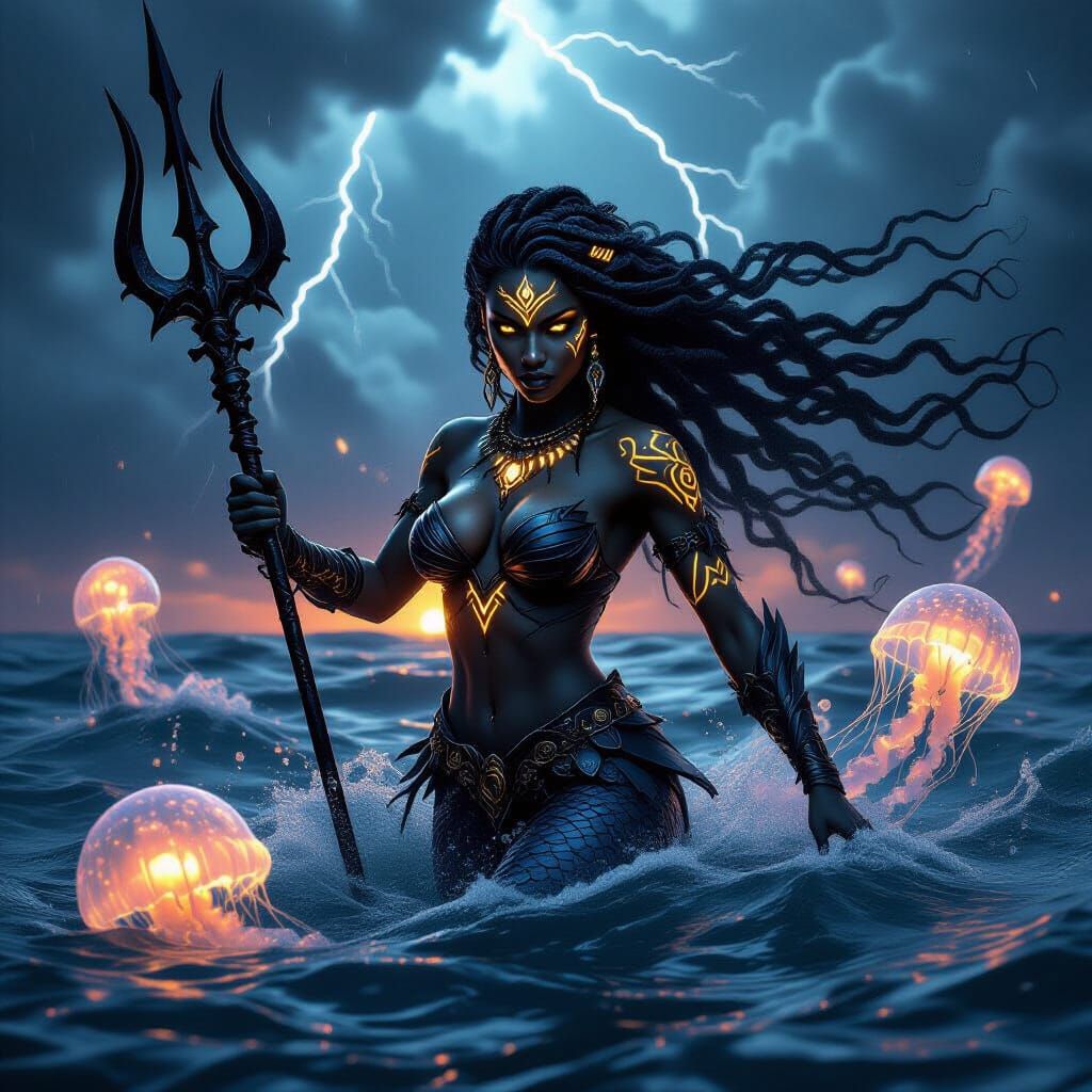Mermaid Warrior Rising from Dark Sea in Fantasy Art Style