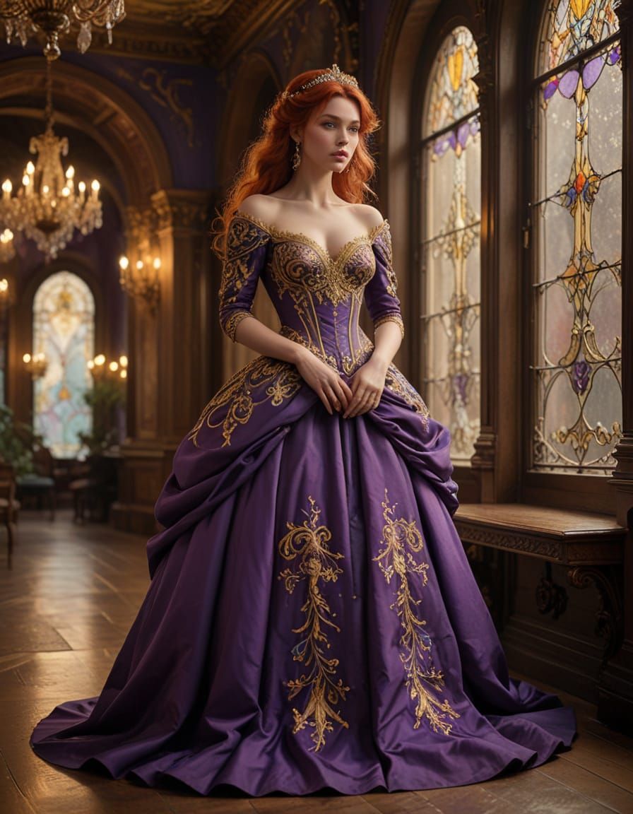 A graceful woman stands poised in a lavishly decorated ballr...