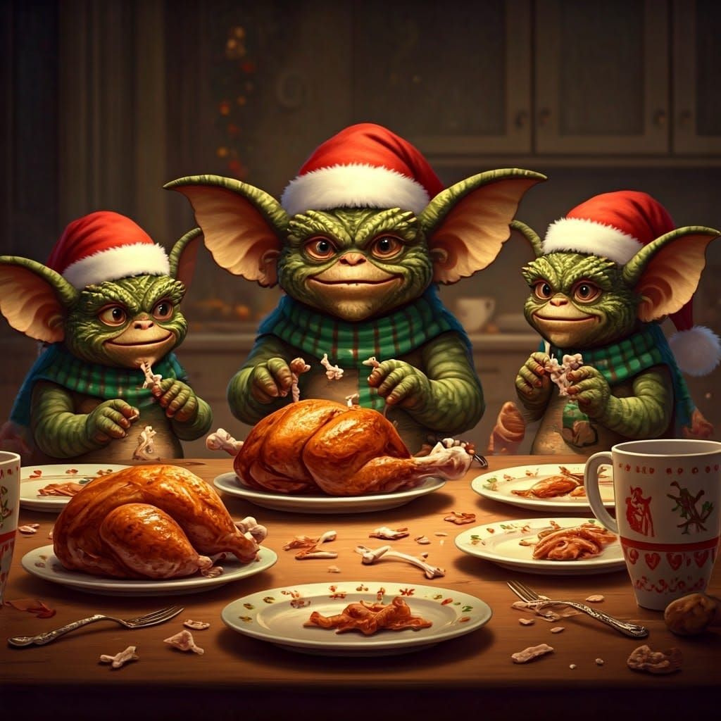 Mischievous Baby Christmas Gremlins Feast on Holiday Leftove...