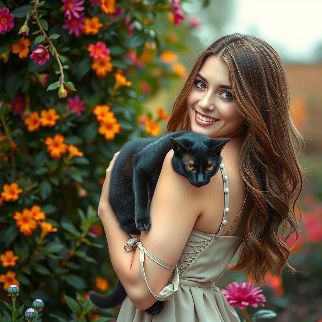 Woman in a Lush Garden with Black Cat and Vibrant Flowers