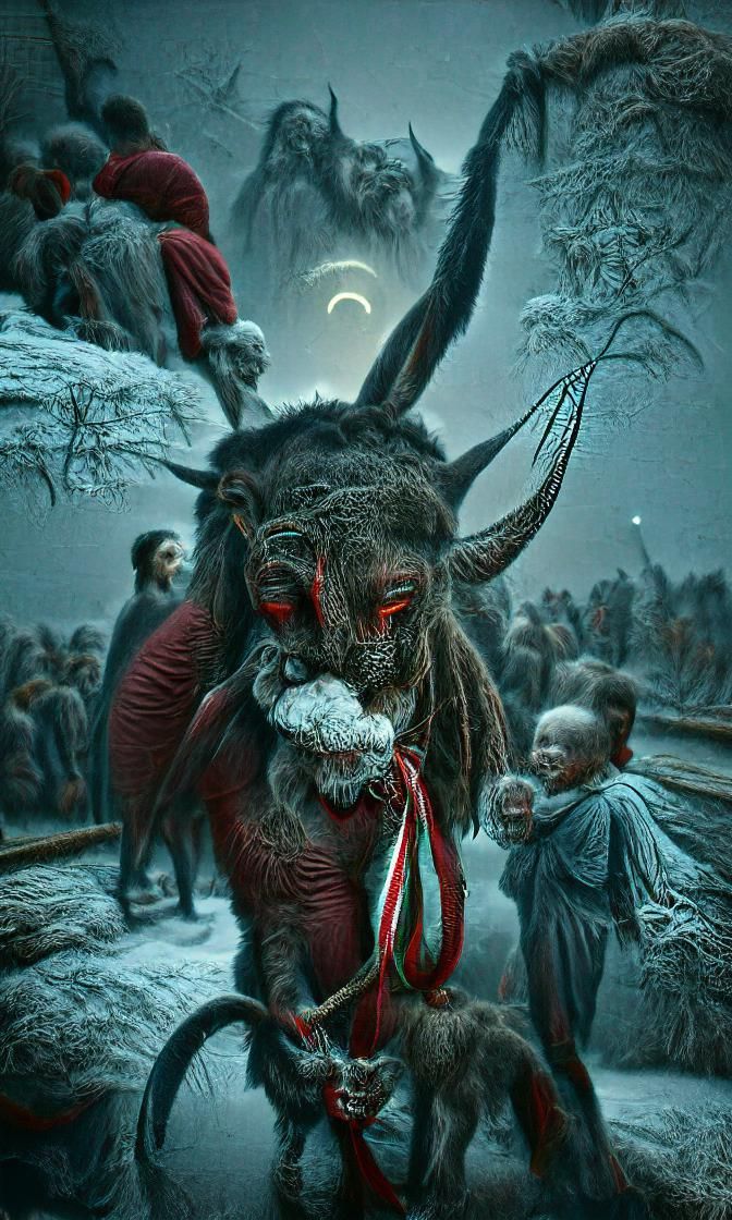 Krampus as a Compassionate Figure in a Hyperrealistic Scene
