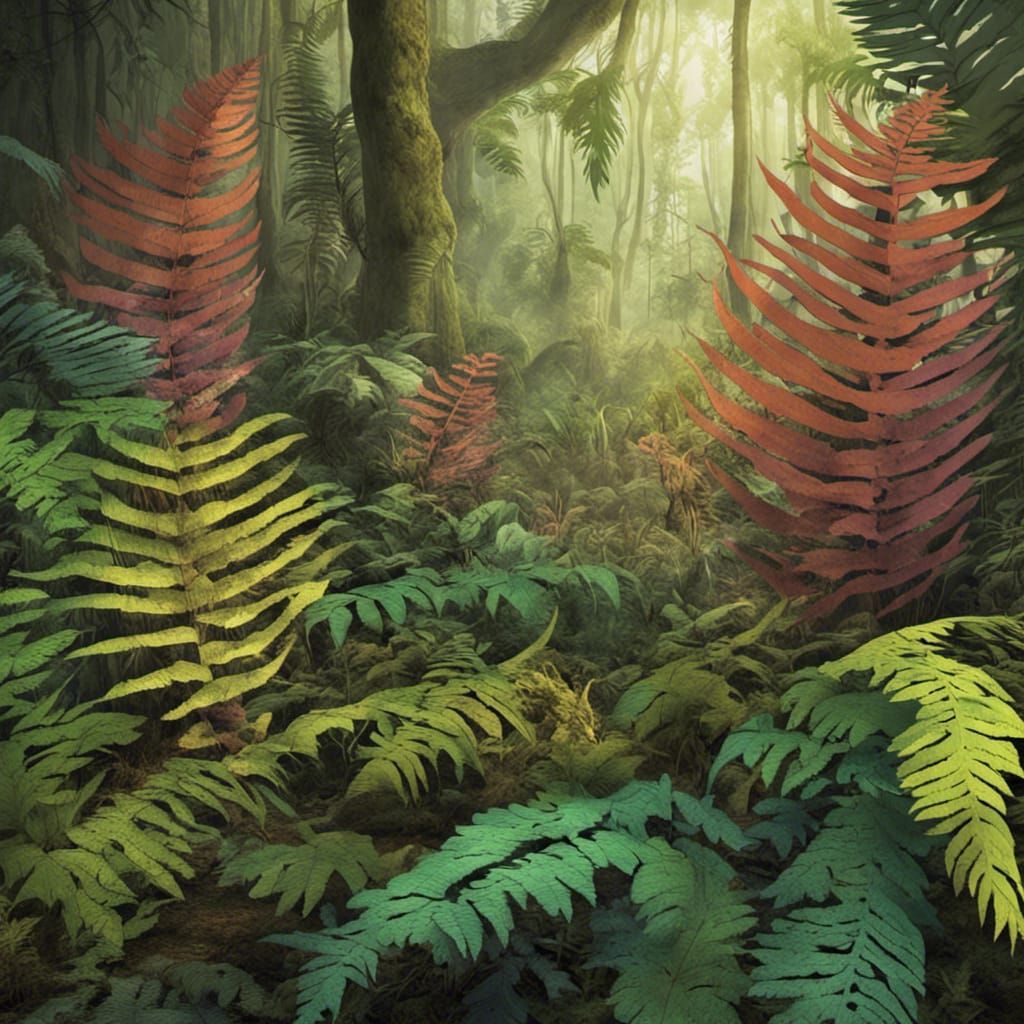 Giant Colorful Ferns in Mesozoic Landscape