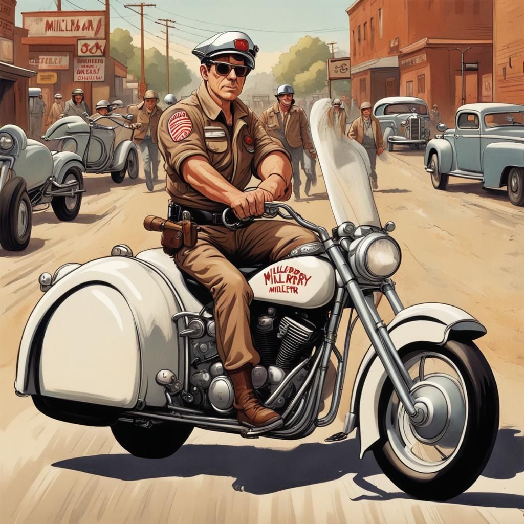 Motorcycle Milkman; sidecar; tough guy biker/milkman hybrid;...