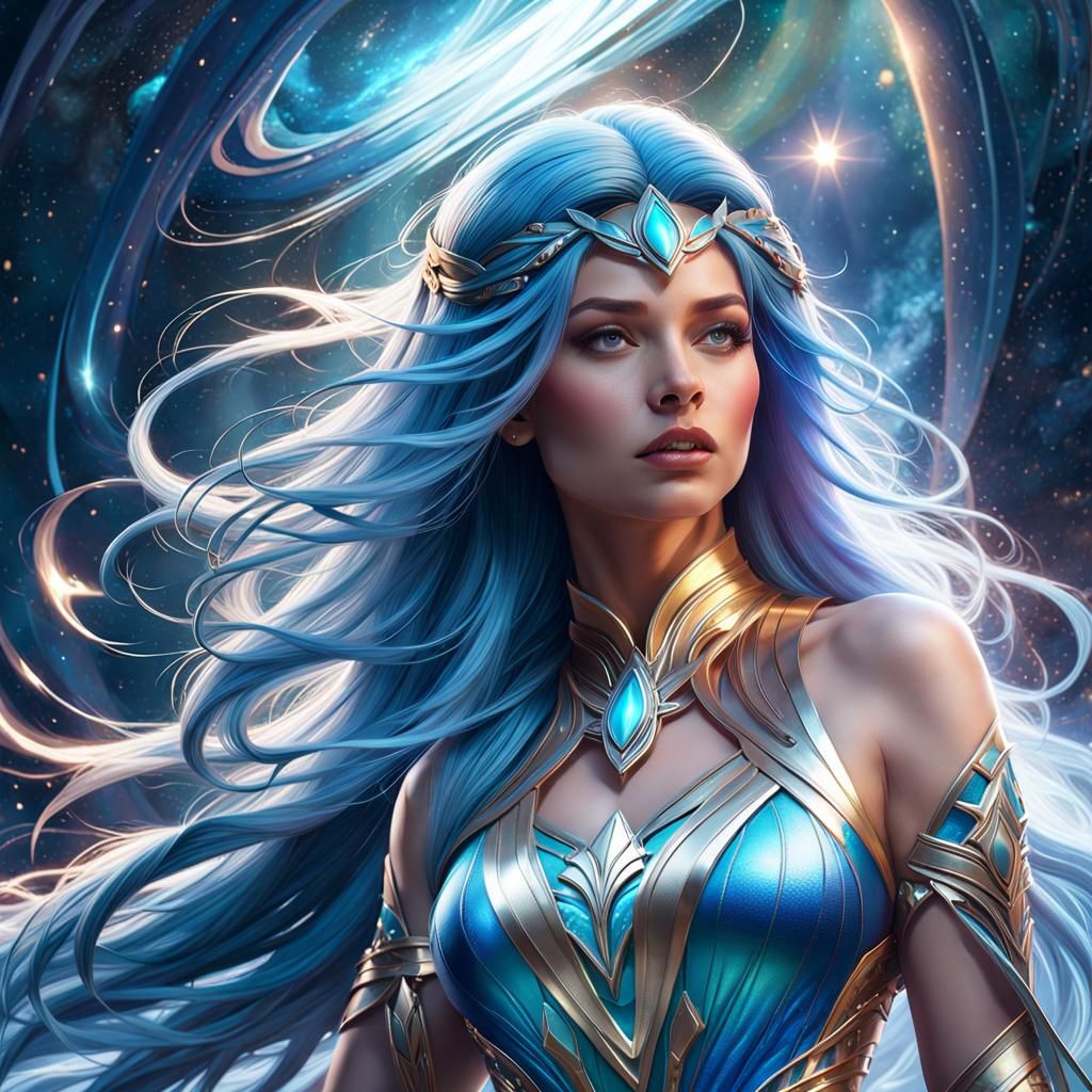 Stardust Siren: The Enchanting Beauty of Madeline the Blue-Haired Goddess Bathed in Ethereal Light