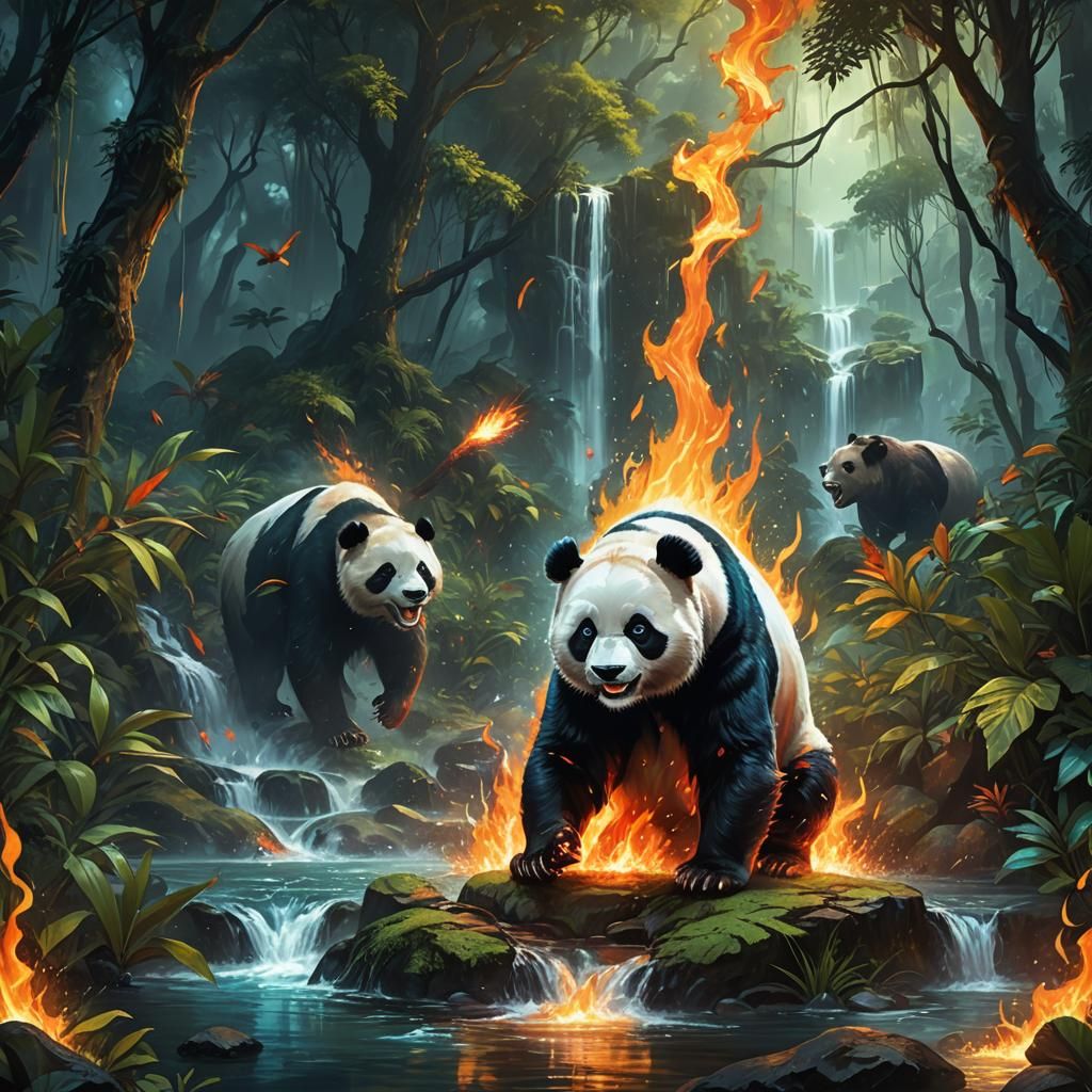 Panda as Water Bearer, Waving Talon in Jungle, Eyes Glowing...