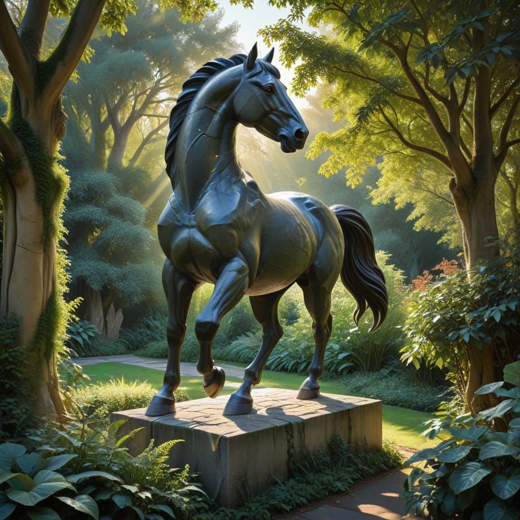 Majestic Stone Horse Sculpture in Overgrown Victorian Garden