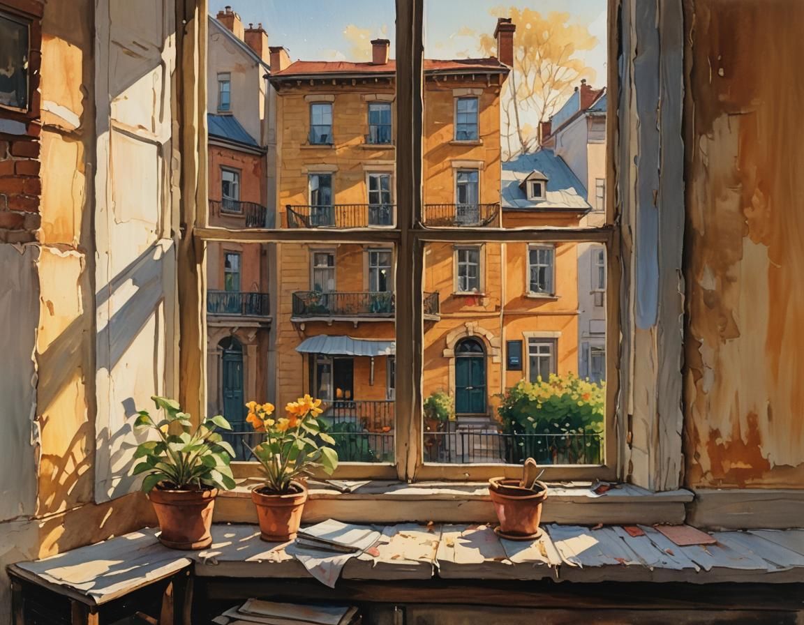 Vibrant Golden Hour Gouache Masterpiece with Impasto Brushwo...