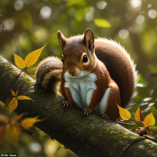 Impressionistic Oil Painting of a Squirrel Eating a Hazelnut