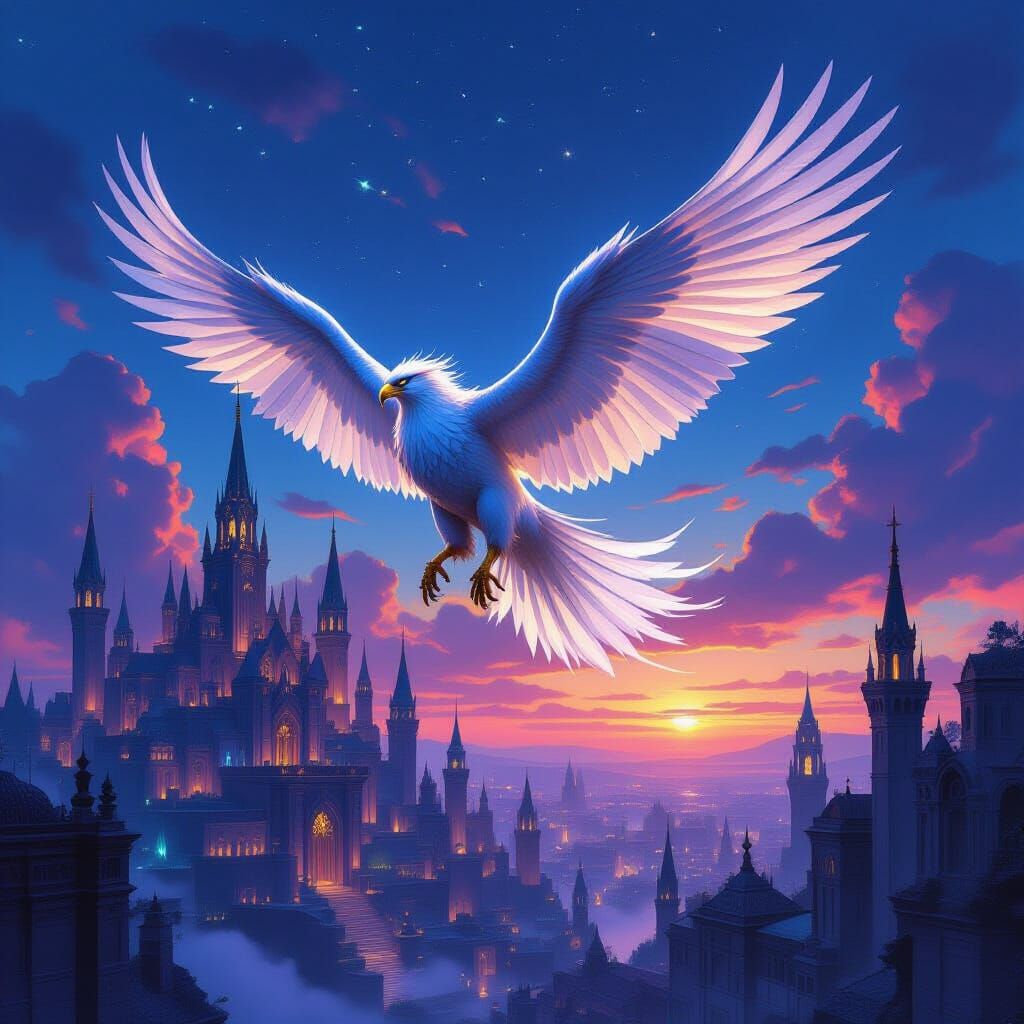 Majestic Griffin Over Ancient City at Twilight