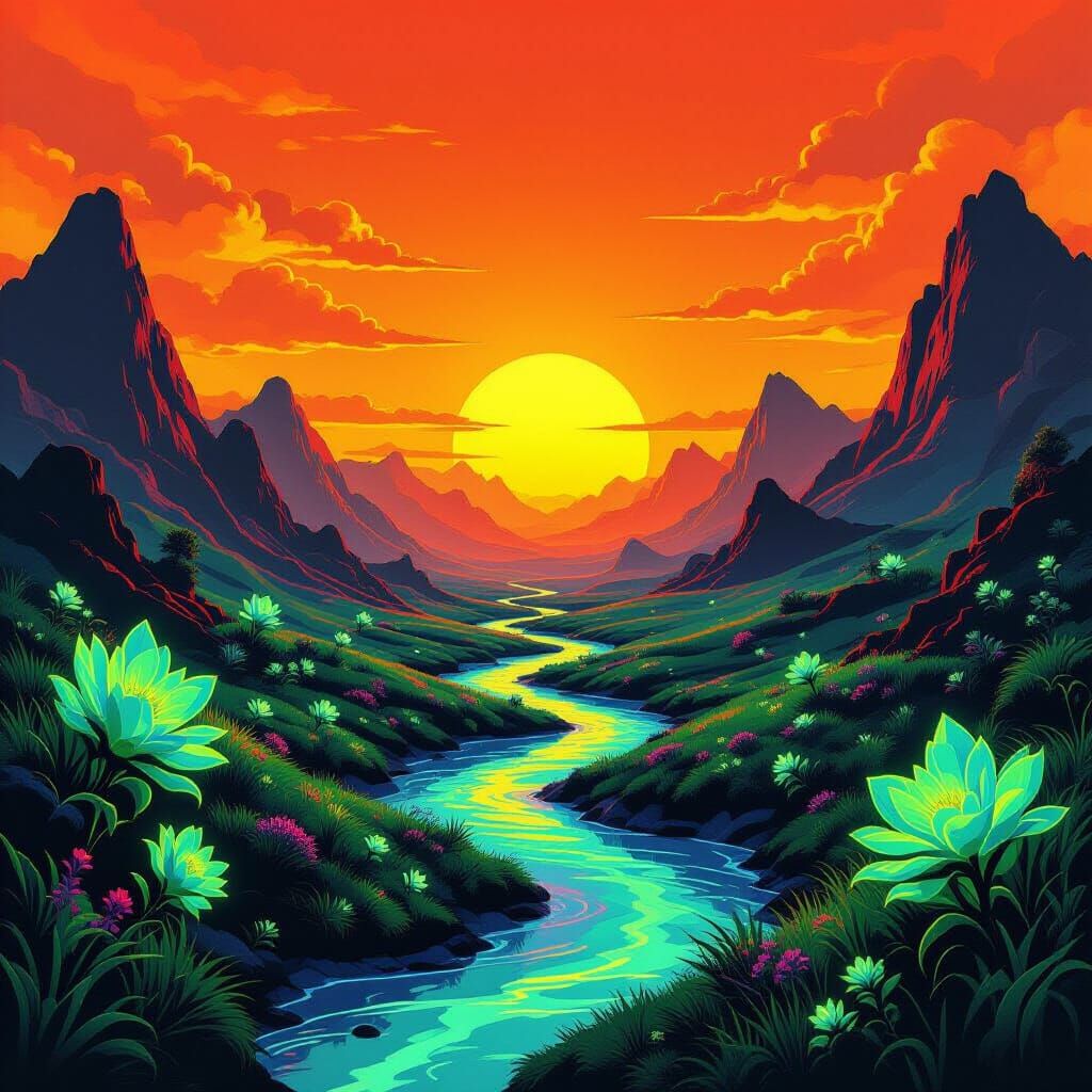 Surreal Alien Landscape with Bioluminescent Flora