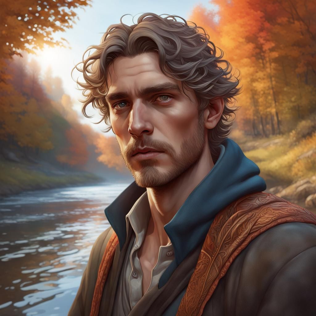 Serene Autumn Portrait of a Man by a River