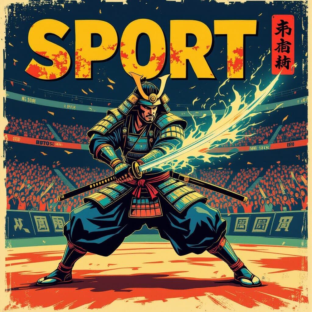 Samurai Warrior Poster in Motion with Glowing Katana