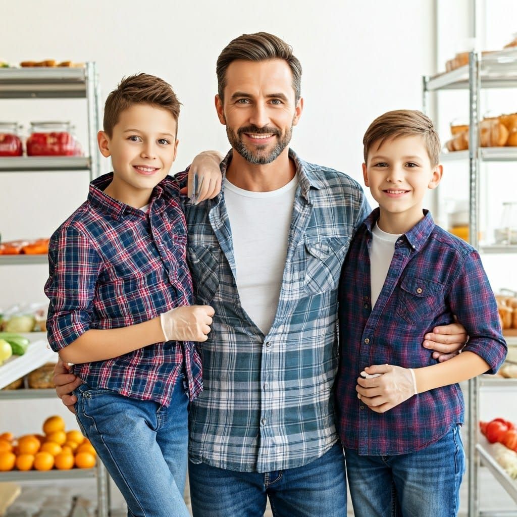 European Family Volunteering at a Food Bank in Casual Attire