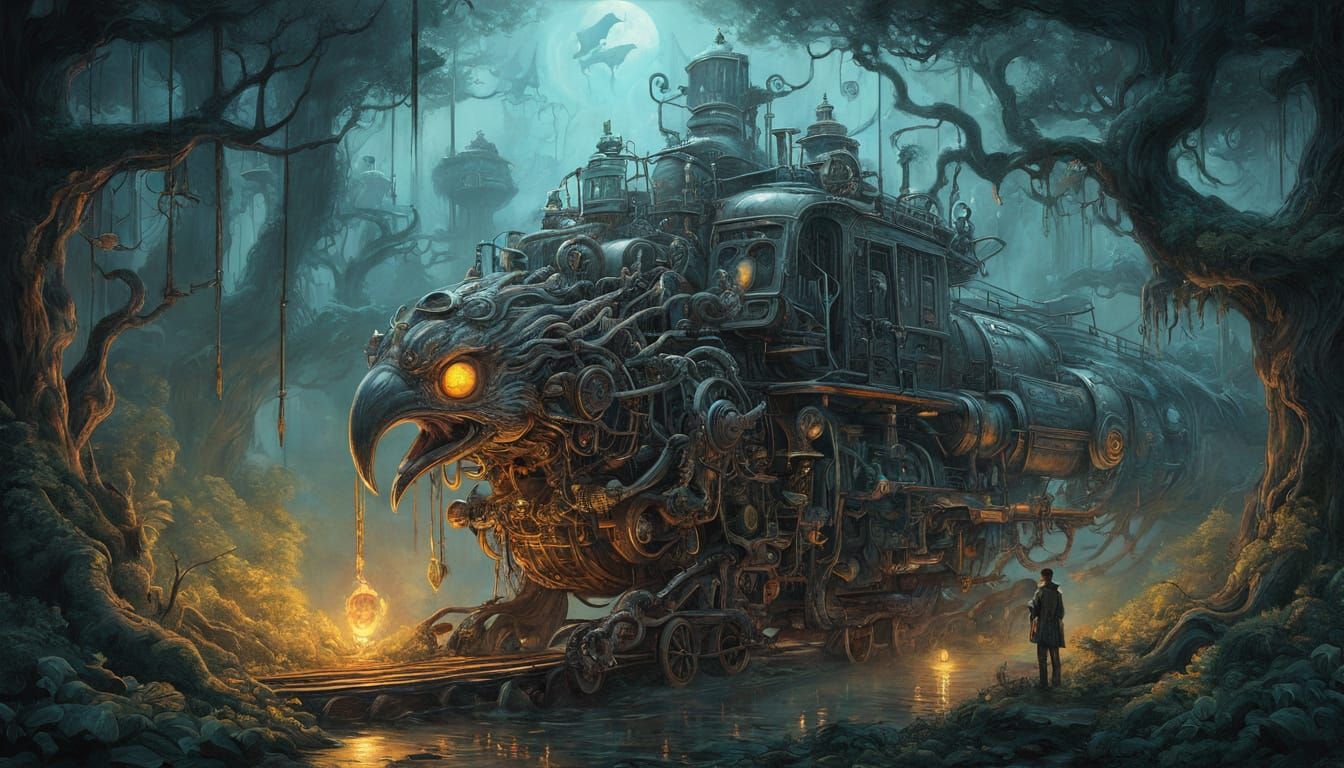 Mechanical Phoenix in Ethereal Forest