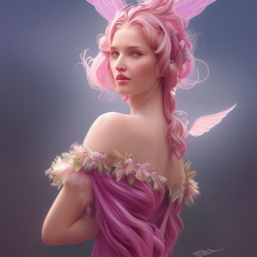 Pink Fantasy Elf with Glittering Wings in Vibrant Triadic Co...