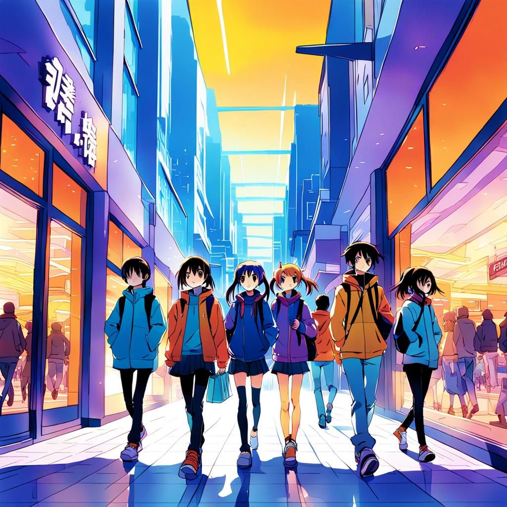 Vibrant Friends Exploring a Bustling Anime Mall