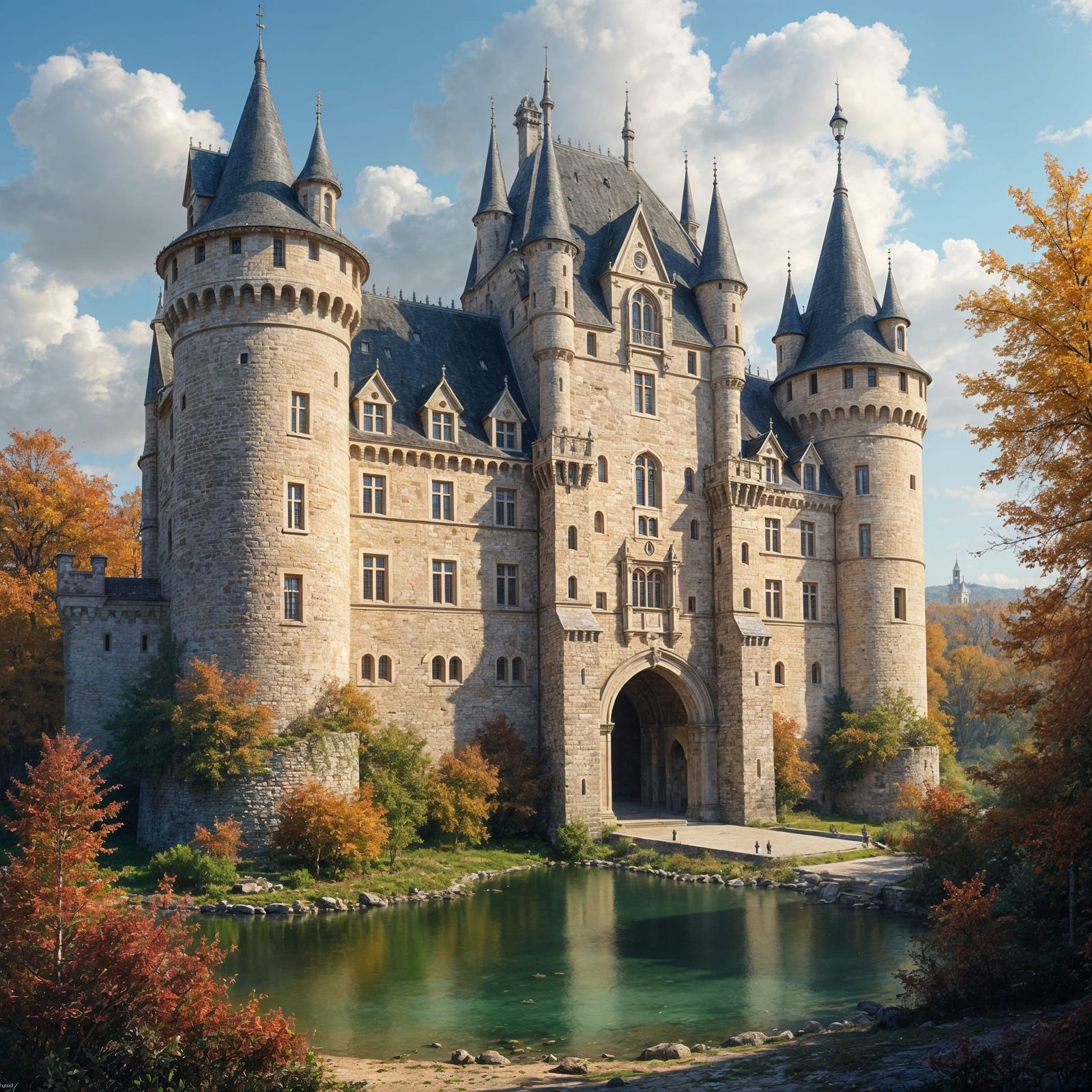 Medieval French Castle on Autumn Day in Vivid Colors