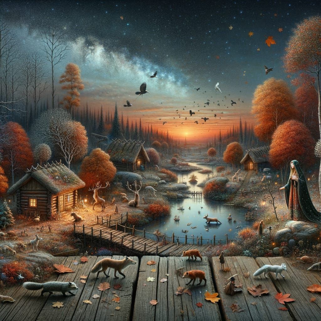 Miniature Autumn Kingdom with Animals and Woman