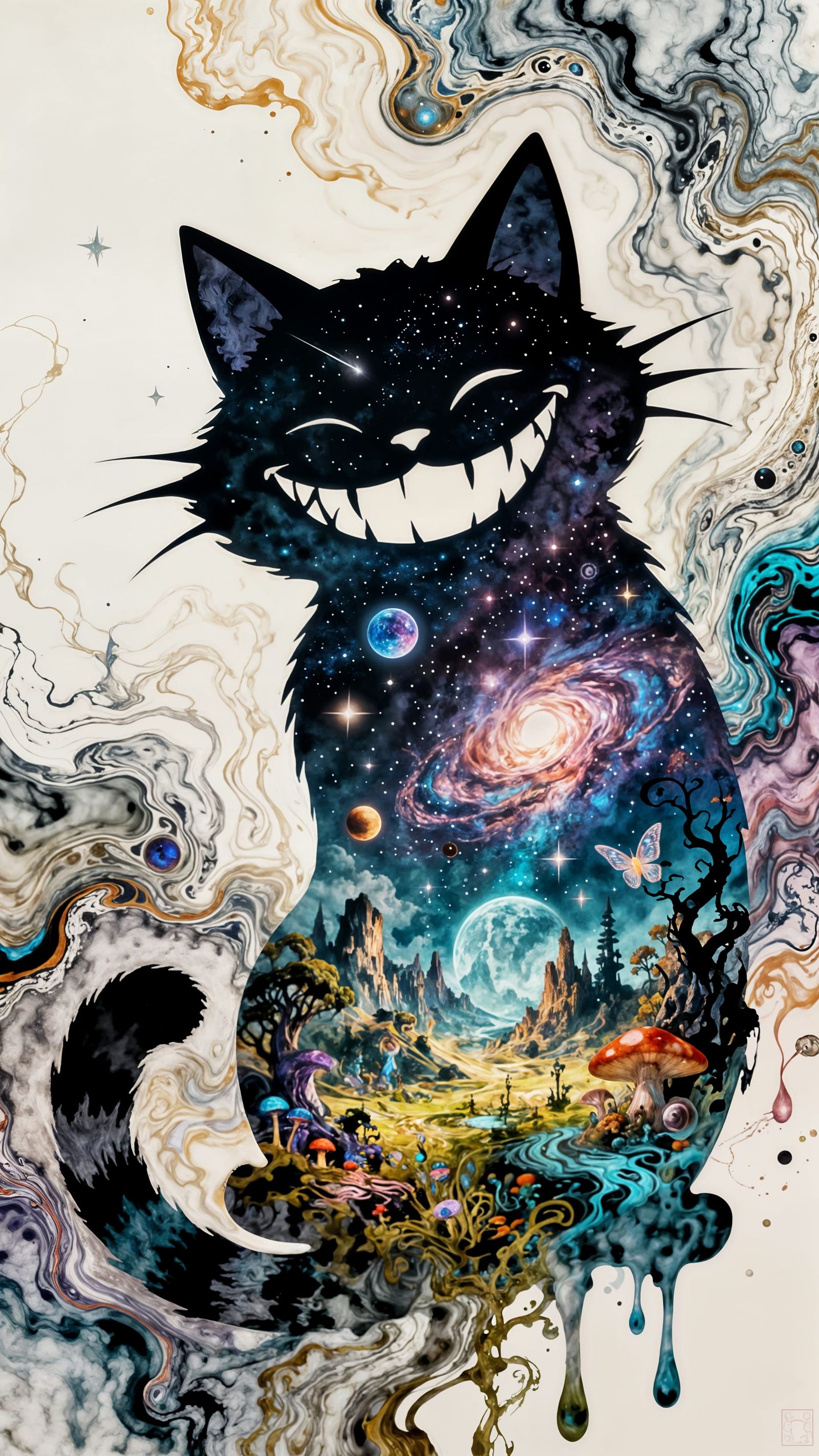 Surreal Cheshire Cat Blends with Mystical Wonderland Landsca...