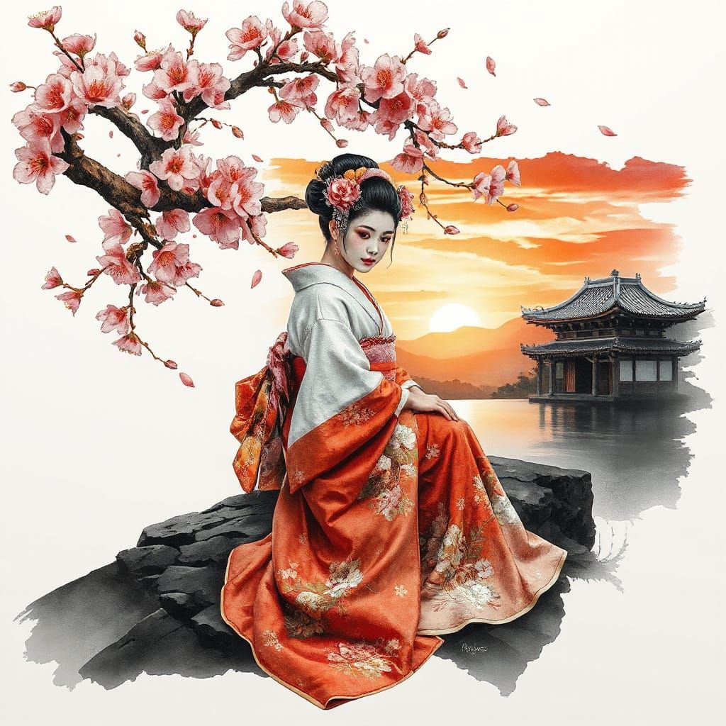 Surreal Geisha Amidst Blossoming Cherry Blossoms at Sunset