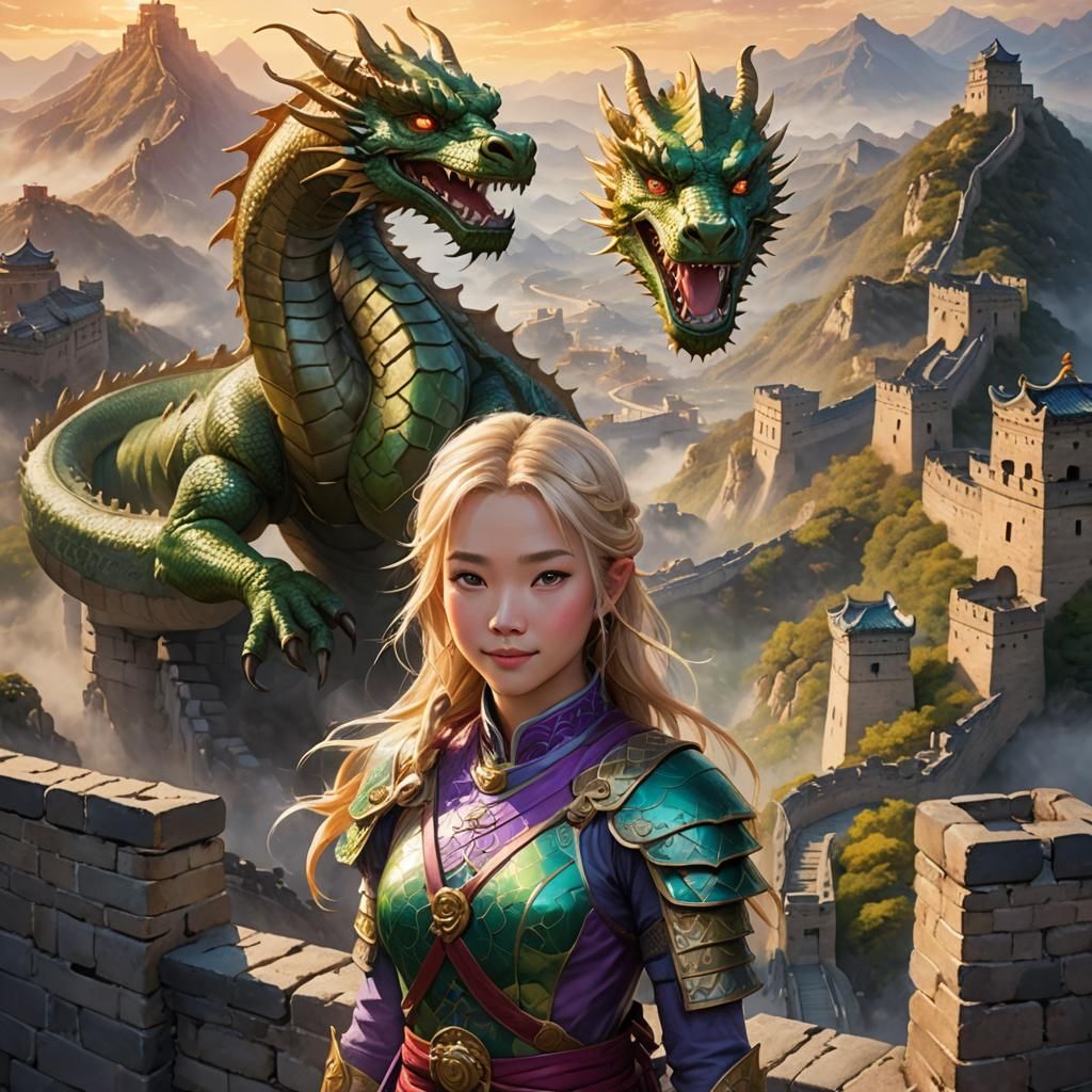 Vibrant Vision of a Happy Chinese Girl and Dragon on the Gre...