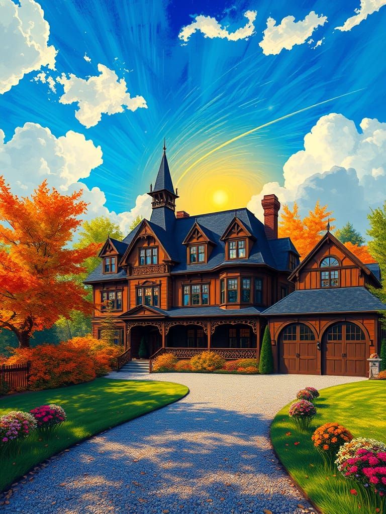 Majestic Victorian Mansion in Vibrant, Sun-Kissed Landscape